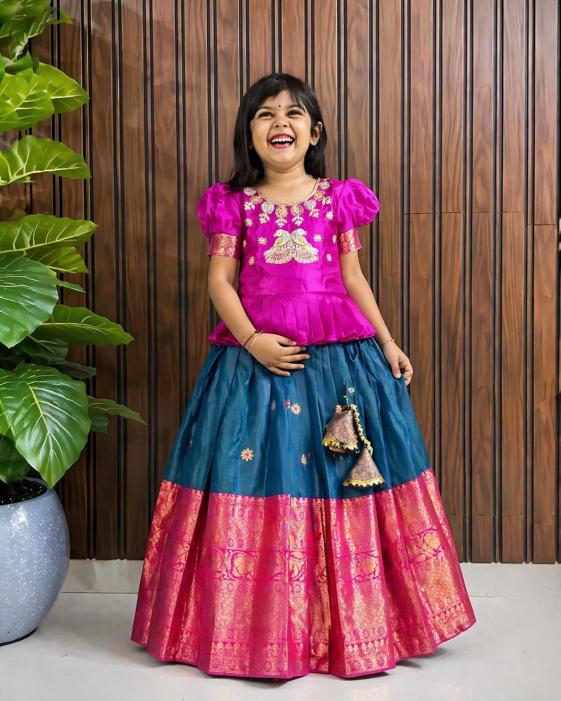 kids lehenga lichi silk Blue Kids wear manufacturers in Gujarat